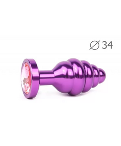 Анальная пробка рельефная фиолетовая с розовым кристаллом 