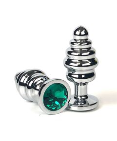 Анальная рельефная пробка серебряный металл с зелёным кристаллом, L 
