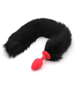 Анальная пробка красный силикон с чёрным хвостом, S 