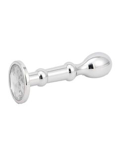 Анальная серебристая пробка вытянутая 10см с прозрачным кристаллом 2,2см 