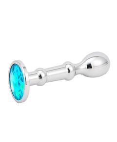 Анальная серебристая пробка вытянутая 10см с голубым кристаллом 2,2см 