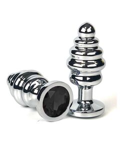 Анальная рельефная пробка с черным кристаллом, L 