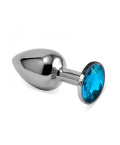 Анальная пробка серебряный металл с голубым кристаллом, L 