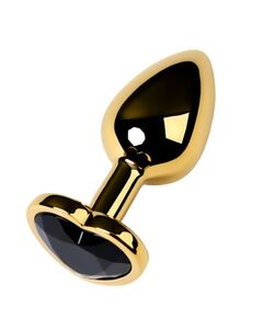 Анальная пробка золотая с чёрным кристаллом сердце, S 