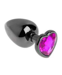 Анальная пробка чёрный металл с розовым кристаллом, сердце, M 