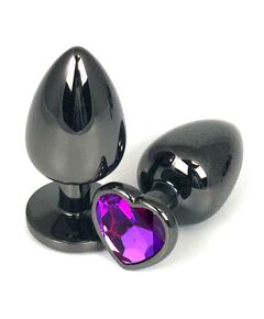 Анальная пробка чёрный металл с фиолетовым кристаллом, сердце, M 