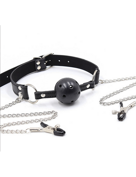 Кляп-шар черный пластик с зажимами на соски 