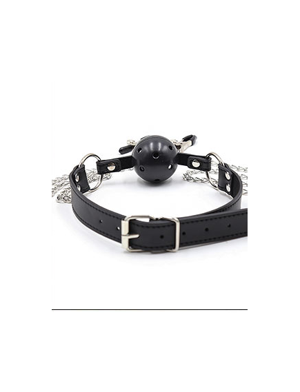 Кляп-шар черный пластик с зажимами на соски , изображение 2