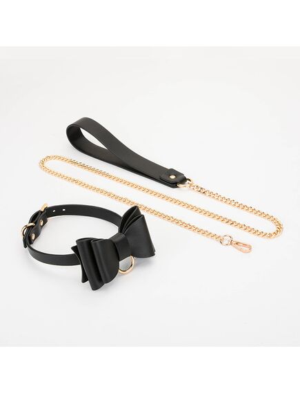 Ошейник с бантиком и поводком черный 