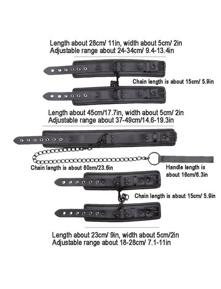 БДСМ набор из натуральной кожи 4 предмета (ошейник,оковы,наручники,поводок) черный , изображение 3