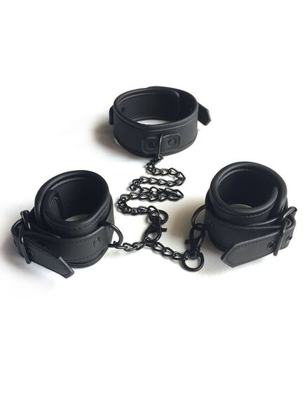 БДСМ набор из натуральной кожи 4 предмета (ошейник,оковы,наручники,поводок) черный , изображение 6