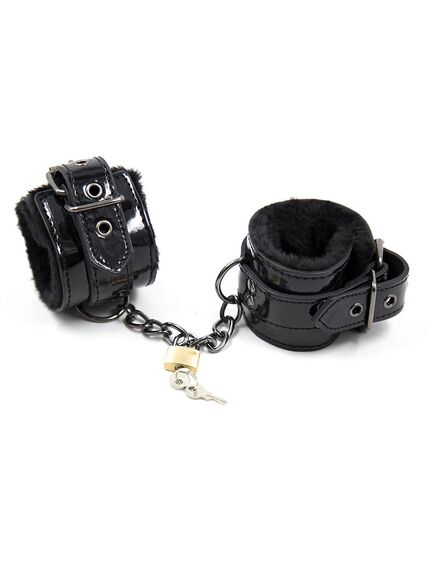 Черные лакированные наручники с меховой вкладкой , изображение 3
