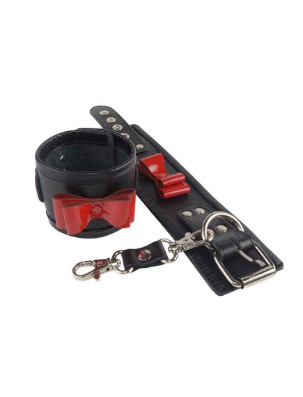 Наручники из натуральной кожи с красным лакированным бантом 