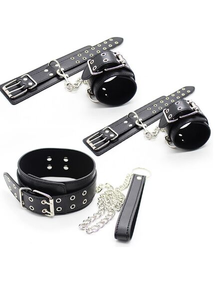 БДСМ набор, оковы, наручники, ошейник, черная эко-кожа 