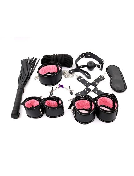 БДСМ набор 10 предметов черный с розовым мехом 