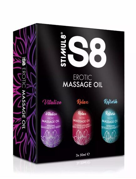 Набор массажных масел с ароматом: Имбиря - лайма, Зеленый чай - Сирень, Слива и Хлопок 