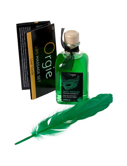 Комплект для сладких игр Orgie Lips Massage со вкусом яблока массажное масло для поцелуев, перо , изображение 2