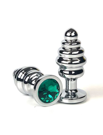 Анальная рельефная пробка с зелёным кристаллом, S 