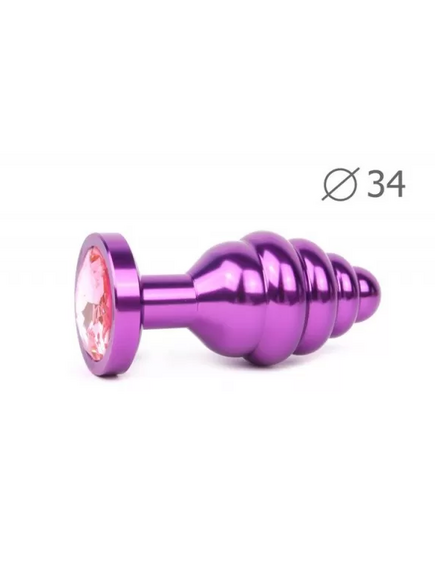 Анальная пробка рельефная фиолетовая с розовым кристаллом 