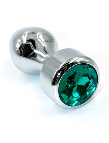 Серебряная анальная пробка с объемным темно-зеленым кристаллом (Small) 