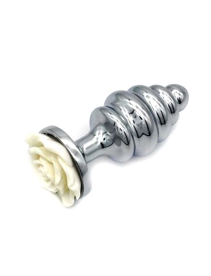 Анальная пробка с рельефом белая роза 9см/4см 