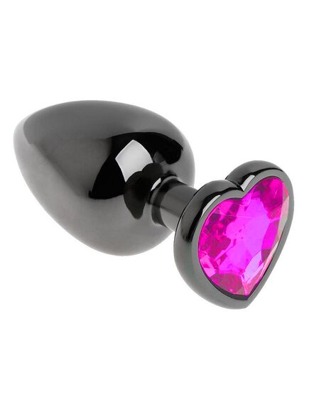 Анальная пробка чёрный металл с розовым кристаллом, сердце, L 