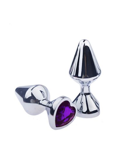 Анальная пробка с удлиненной ножкой и фиолетовым кристаллом сердце, S 