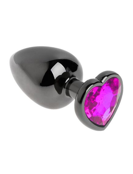 Анальная пробка чёрный металл с розовым кристаллом, сердце, S 