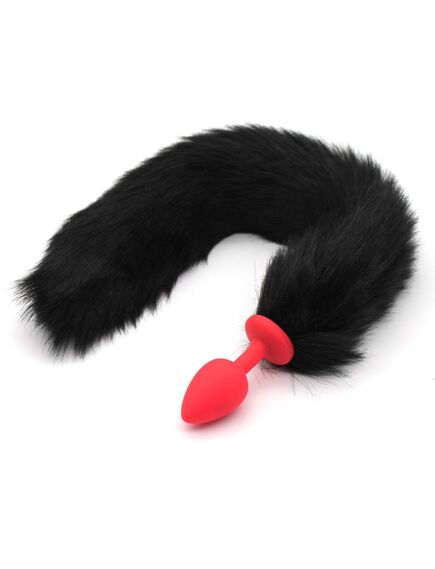 Анальная пробка красный силикон с чёрным хвостом, S 