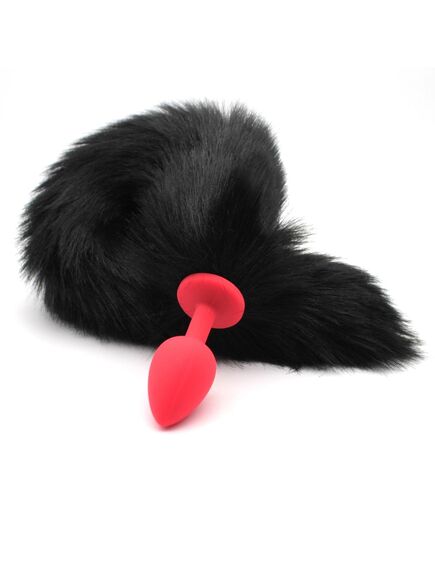 Анальная пробка красный силикон с чёрным хвостом, S , изображение 2