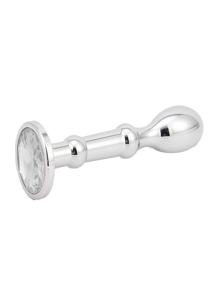 Анальная серебристая пробка вытянутая 10см с прозрачным кристаллом 2,2см 