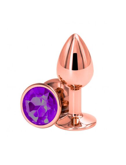 Анальная пробка розовое золото с фиолетовым кристаллом, L 