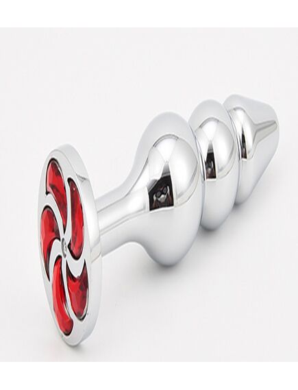 Анальная серебристая пробка вытянутая 10.8см с красным цветком 2,8см 