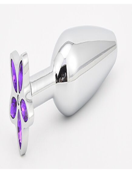 Анальная серебристая пробка вытянутая 10.8см с фиолетовым цветком 2,8см 