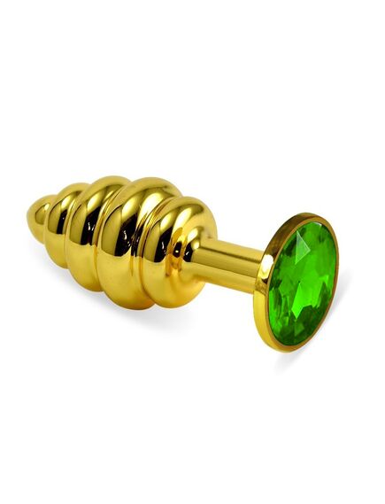 Анальная рельефная пробка с зеленым кристаллом, L 