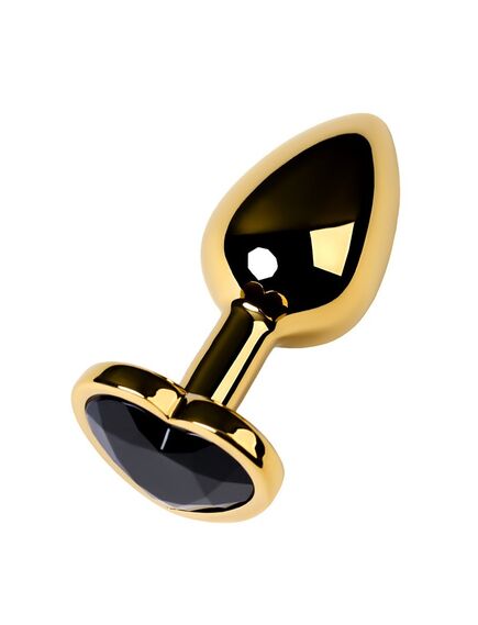 Анальная пробка золотая с чёрным кристаллом сердце, L 