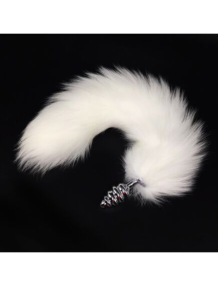 Анальная рельефная пробка с белым хвостом, S 