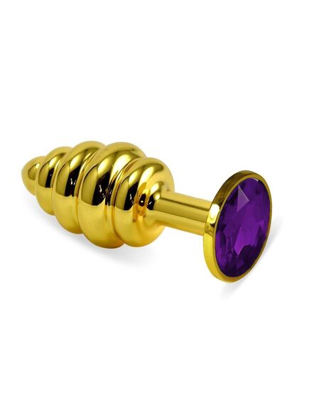 Анальная пробка золотая рельефная с фиолетовым кристаллом, S 