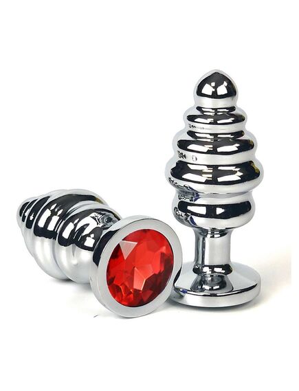 Анальная рельефная пробка с красным кристаллом, L 