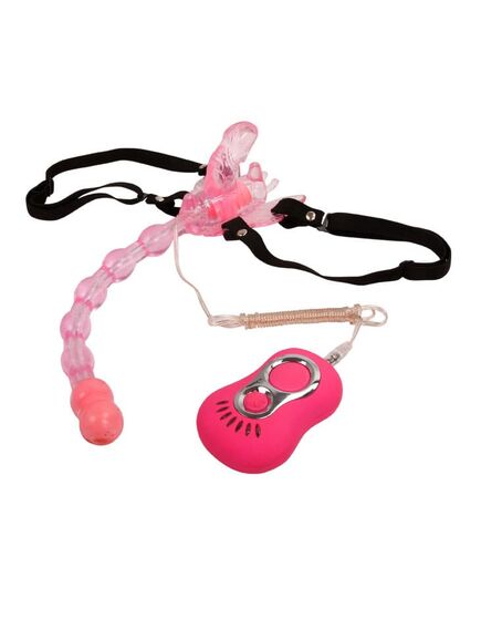 Стимулятор клитора - бабочка с анальным отростком, на ремне с вибрацией , изображение 6