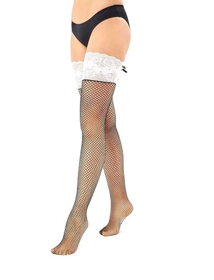 Чулки с широкой белой резинкой на завязках, S/M , изображение 4