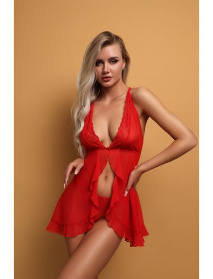 Романтичная сорочка с кружевом и застёжкой спереди красная (Muse), L/XL 