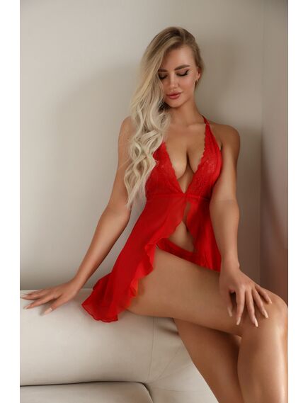 Романтичная сорочка с кружевом и застёжкой спереди красная (Muse), L/XL , изображение 6