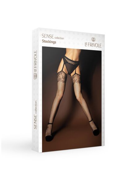 Черные сетчатые чулки с поясом и кружевным узором (SENSE) S/XL , изображение 4