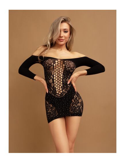 Искрящееся стразами  черное платье с длинными рукавами (SPARK) 