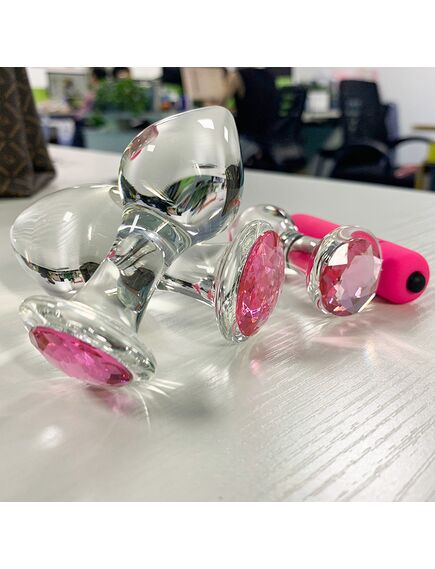 Анальная пробка из стекла с розовой стразой, M , изображение 3