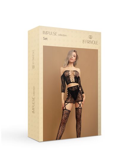 Боди-комбинезон комбинация топ + юбка с чулками черного цвета (IMPULSE) , изображение 3