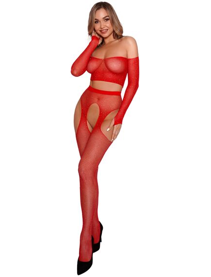 Комплект из топа и чулок с поясом и стразами (красный) , изображение 3