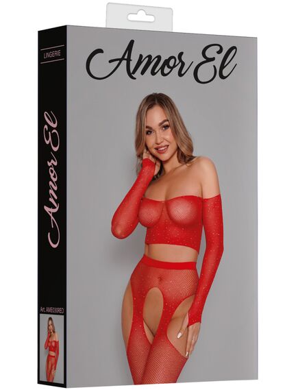 Комплект из топа и чулок с поясом и стразами (красный) , изображение 5