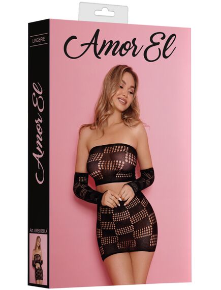 Комплект из топа, рукавов и юбки с квадратным узором (черный) , изображение 5